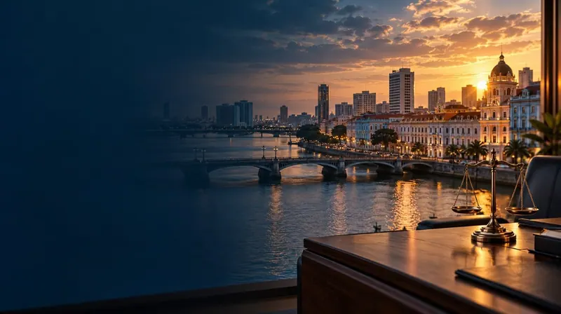Recife ao pôr do sol visto de um escritório: o rio, a ponte e os prédios antigos, com a balança da Justiça sobre a mesa